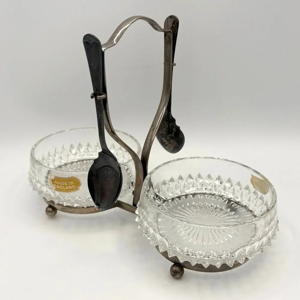 Vintage Queen Anne Double Condiment Caddy Jam SILVER PLATE Glass made in England